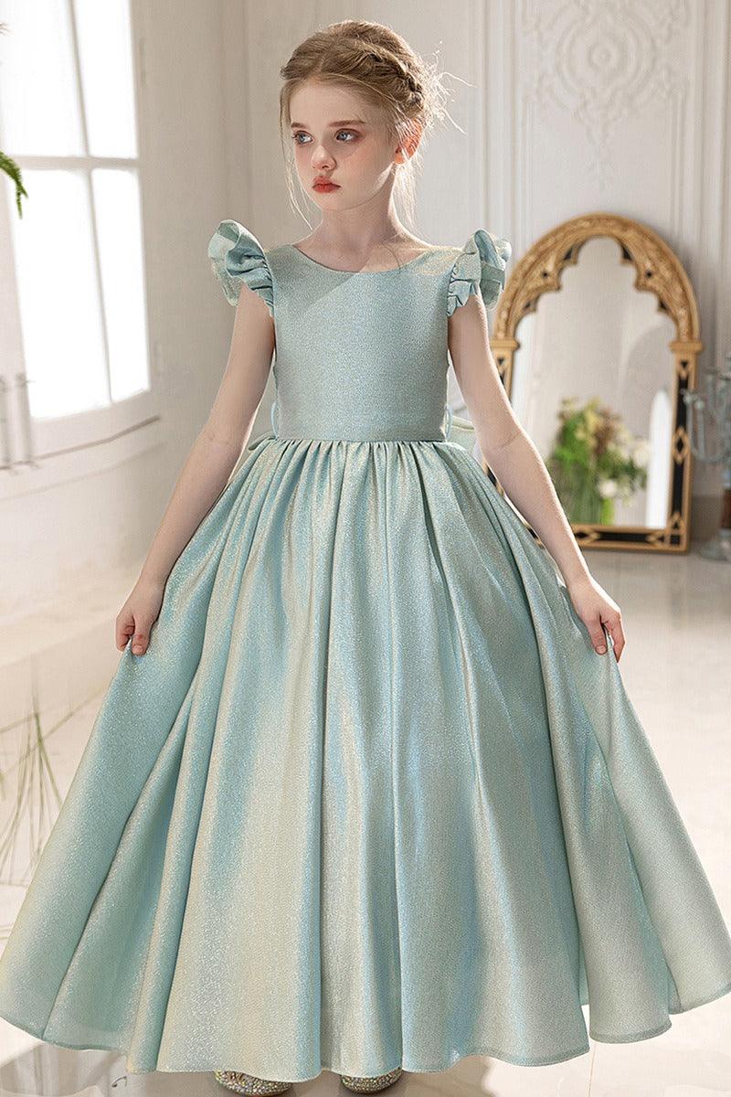 Glitter Fabric Gown Ruffle Sleeves Bow Floor Length Flower Girl Dresses 916560252784 - 7 Days / Blue / 5Y - COCOMELODY